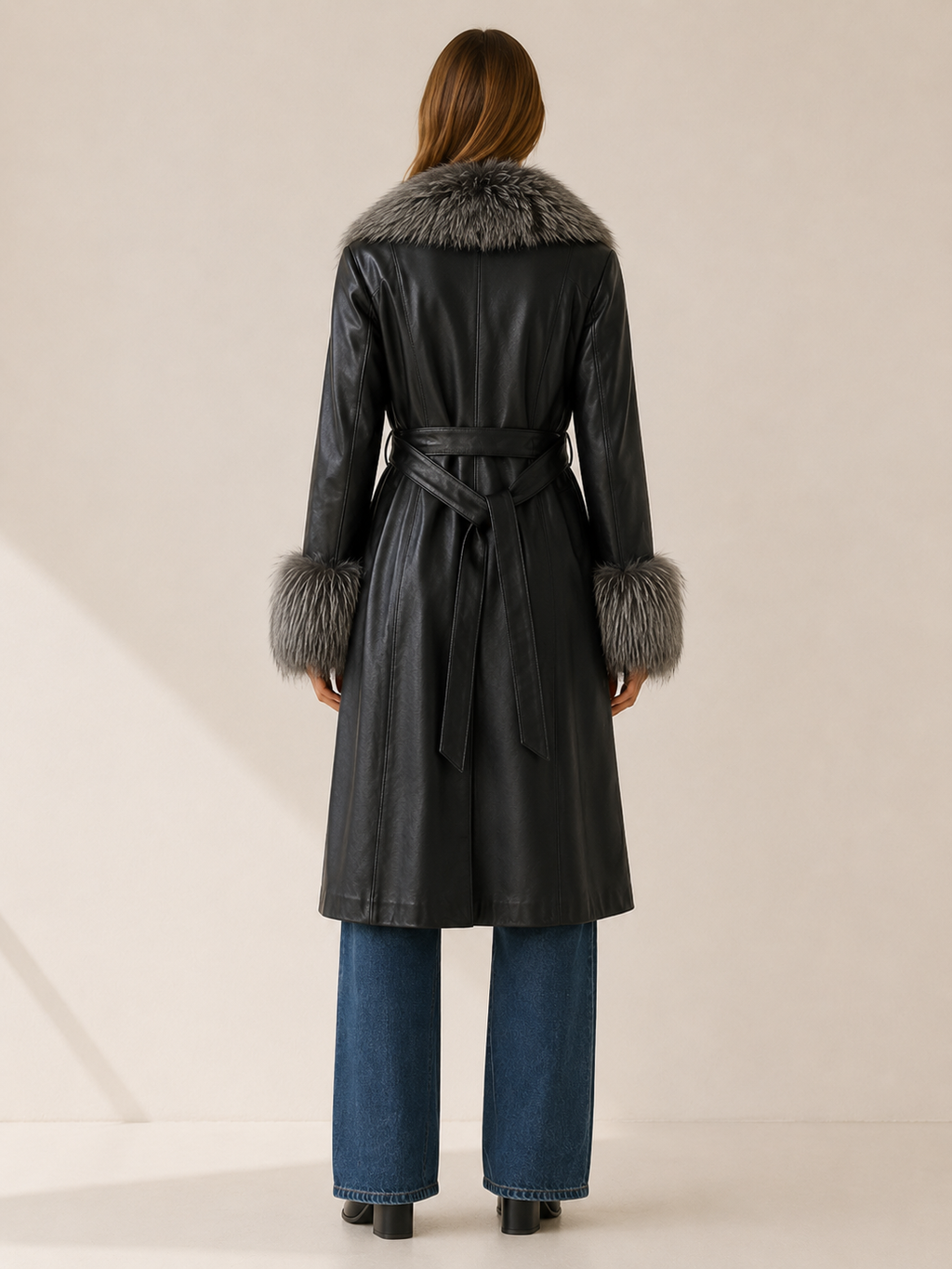 Women's Faux Leather Belted Long Coat