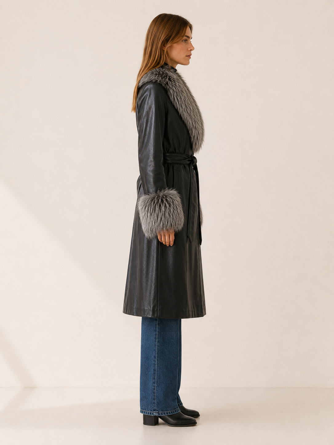Women's Faux Leather Belted Long Coat