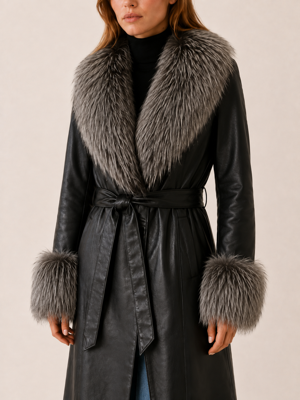 Women's Faux Leather Belted Long Coat