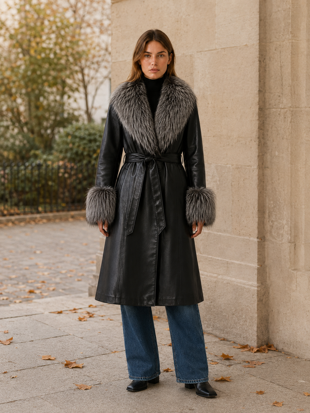 Women's Faux Leather Belted Long Coat