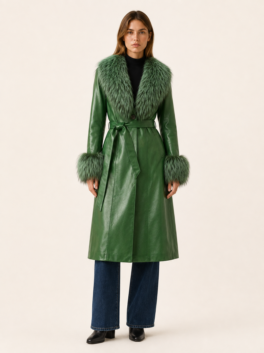 Women's Faux Leather Belted Long Coat