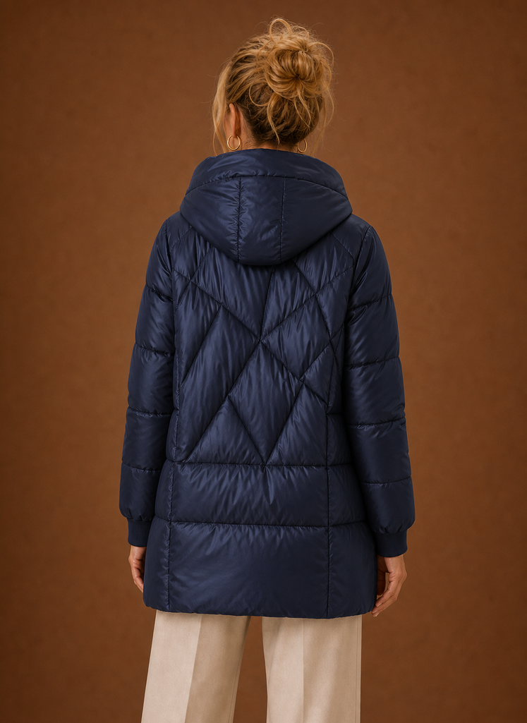 Back view of the Areleon long puffer jacket with hood, showing rear silhouette and hood