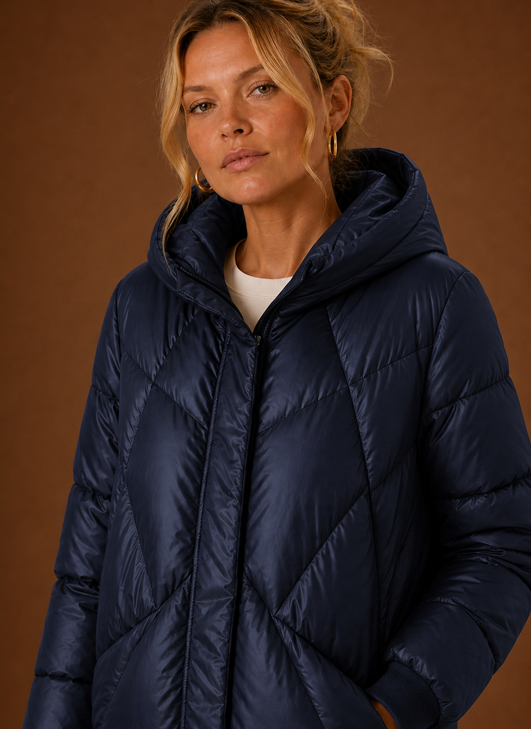 Close-up of the Areleon puffer jacket's hood and baffle detailing near the neckline