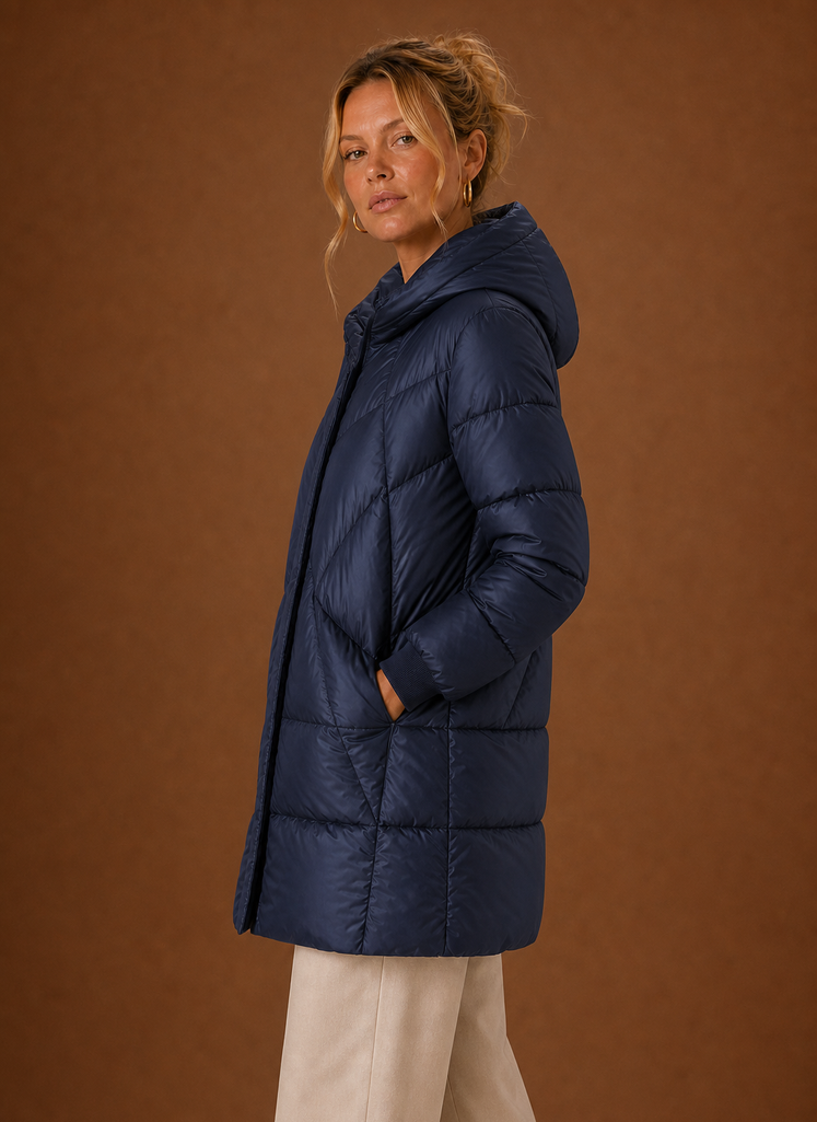 Side profile of the Areleon long puffer jacket with hood, highlighting the long cut and hooded neckline