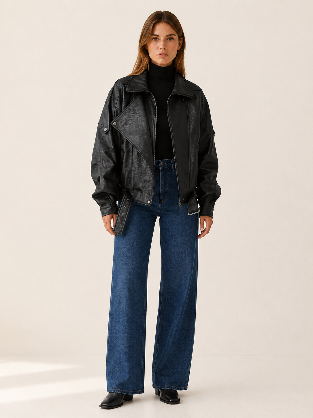 Women's Black Zip Front Jacket with Button Detail