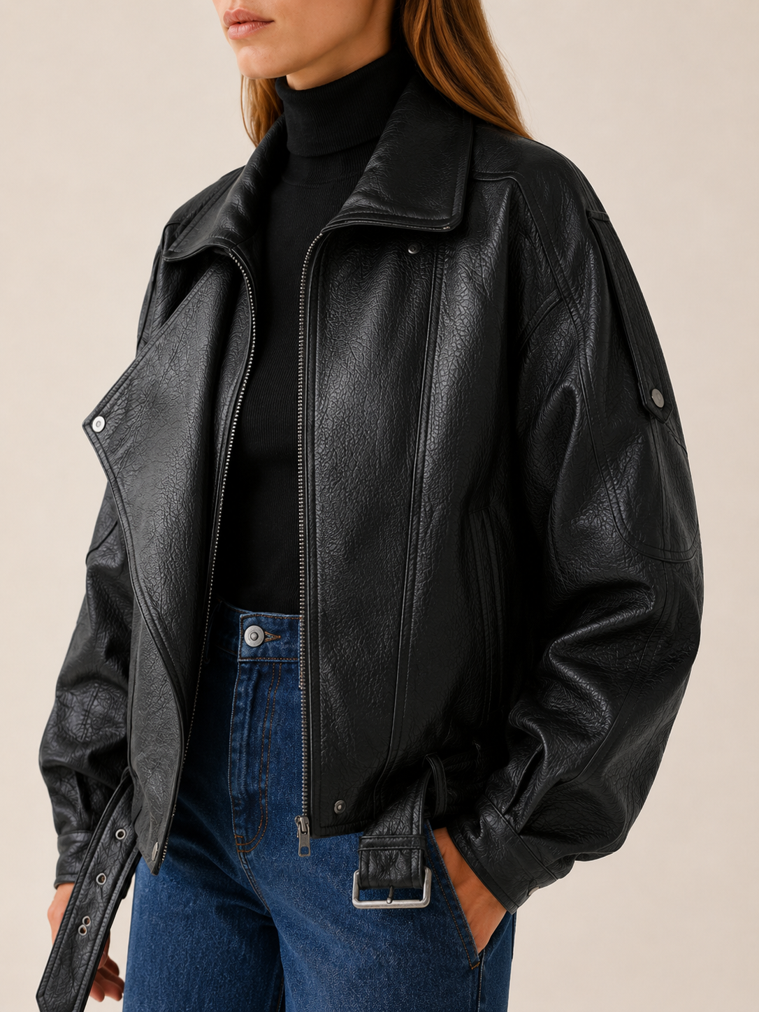 Women's Black Zip Front Jacket with Button Detail