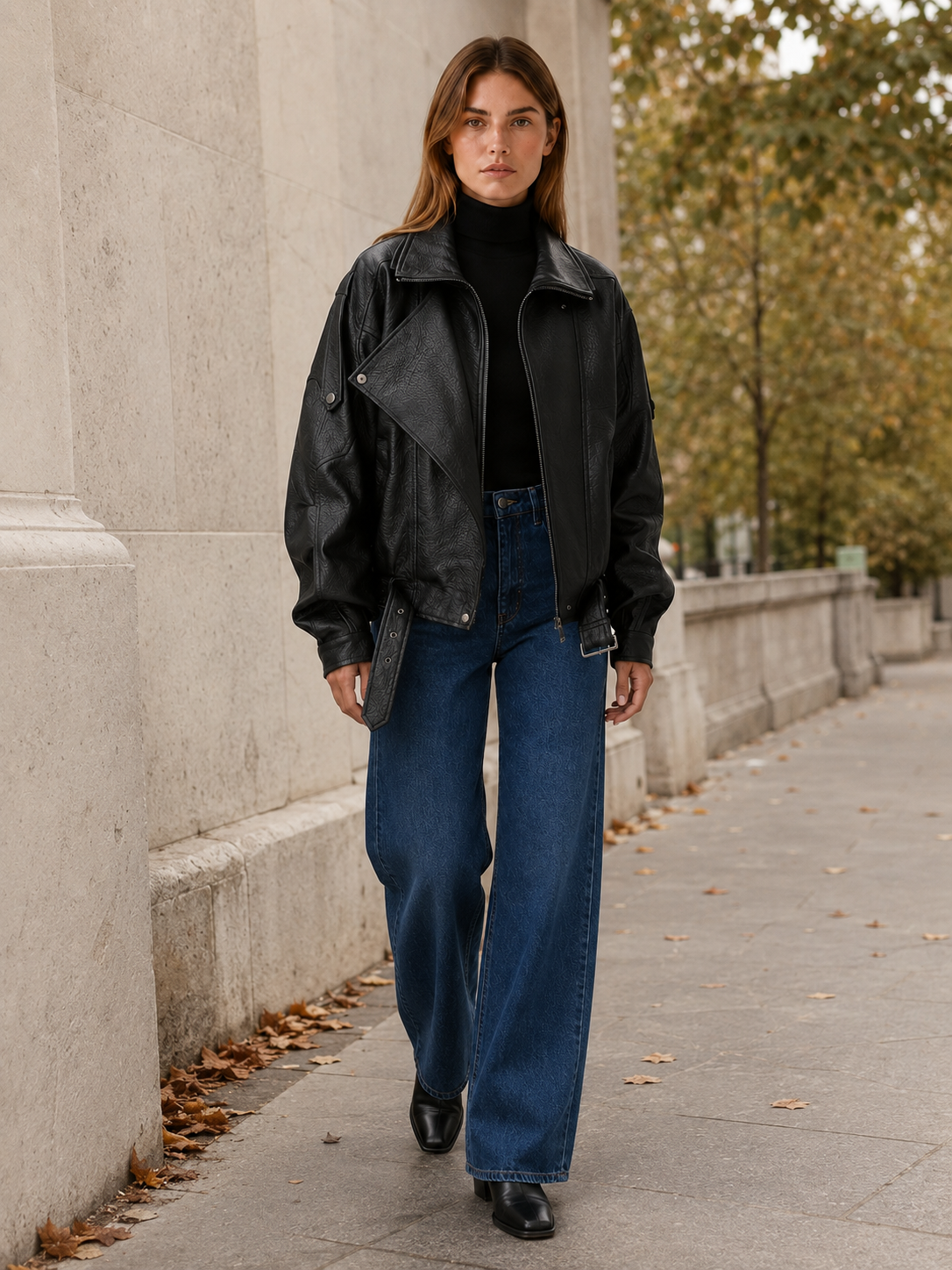 Women's Black Zip Front Jacket with Button Detail