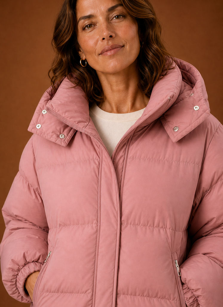 Close-up of the Areleon Oversized Puffer Jacket showing the puffer stitching and surface texture