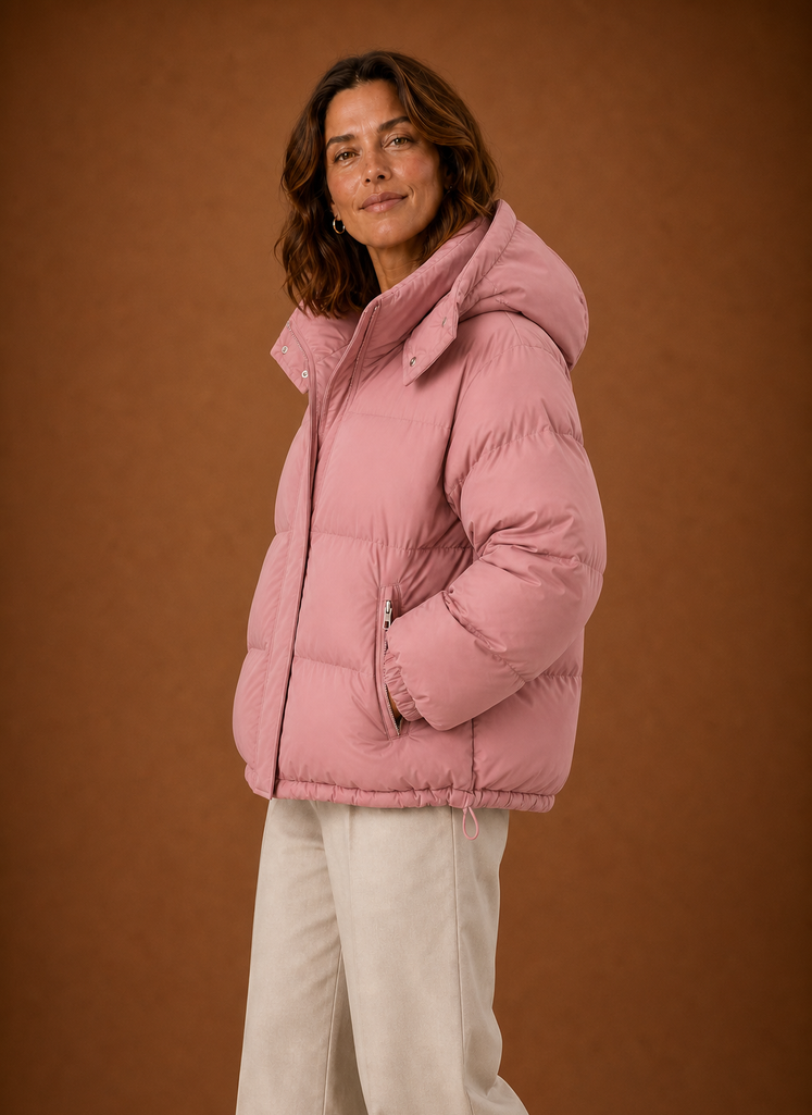 Side view of the Areleon Oversized Puffer Jacket highlighting the jacket's profile and sleeve shape