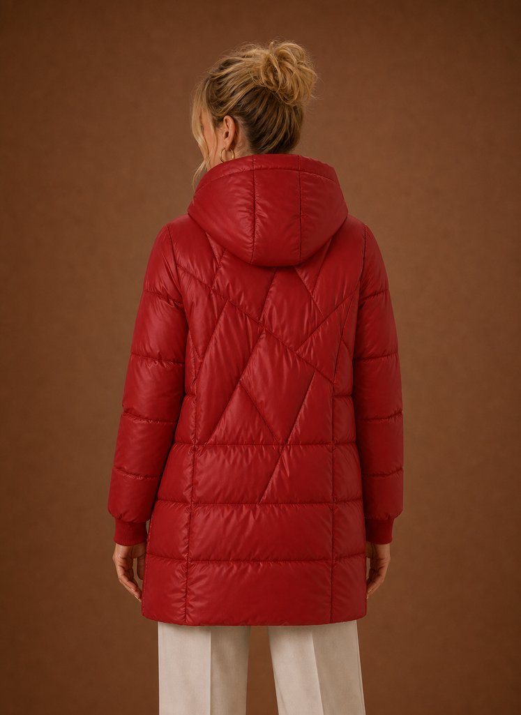 Back view of the Areleon long puffer jacket with hood, showing rear silhouette and hood