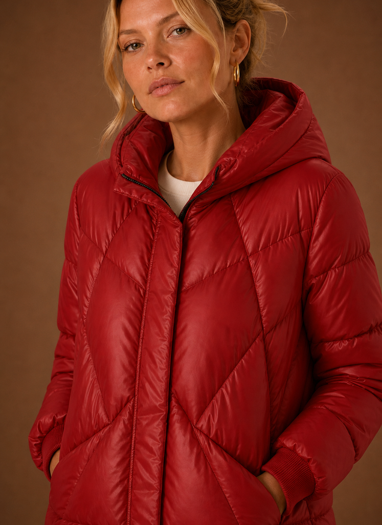 Close-up of the Areleon puffer jacket's hood and baffle detailing near the neckline