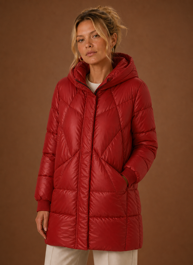 Front view of the Areleon long puffer jacket with hood in red, showing full-length silhouette