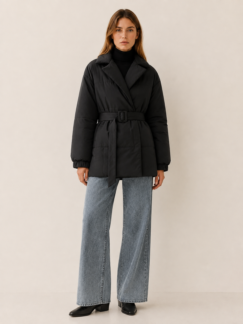 Women's Belted Puffer Coat with Wide Lapels
