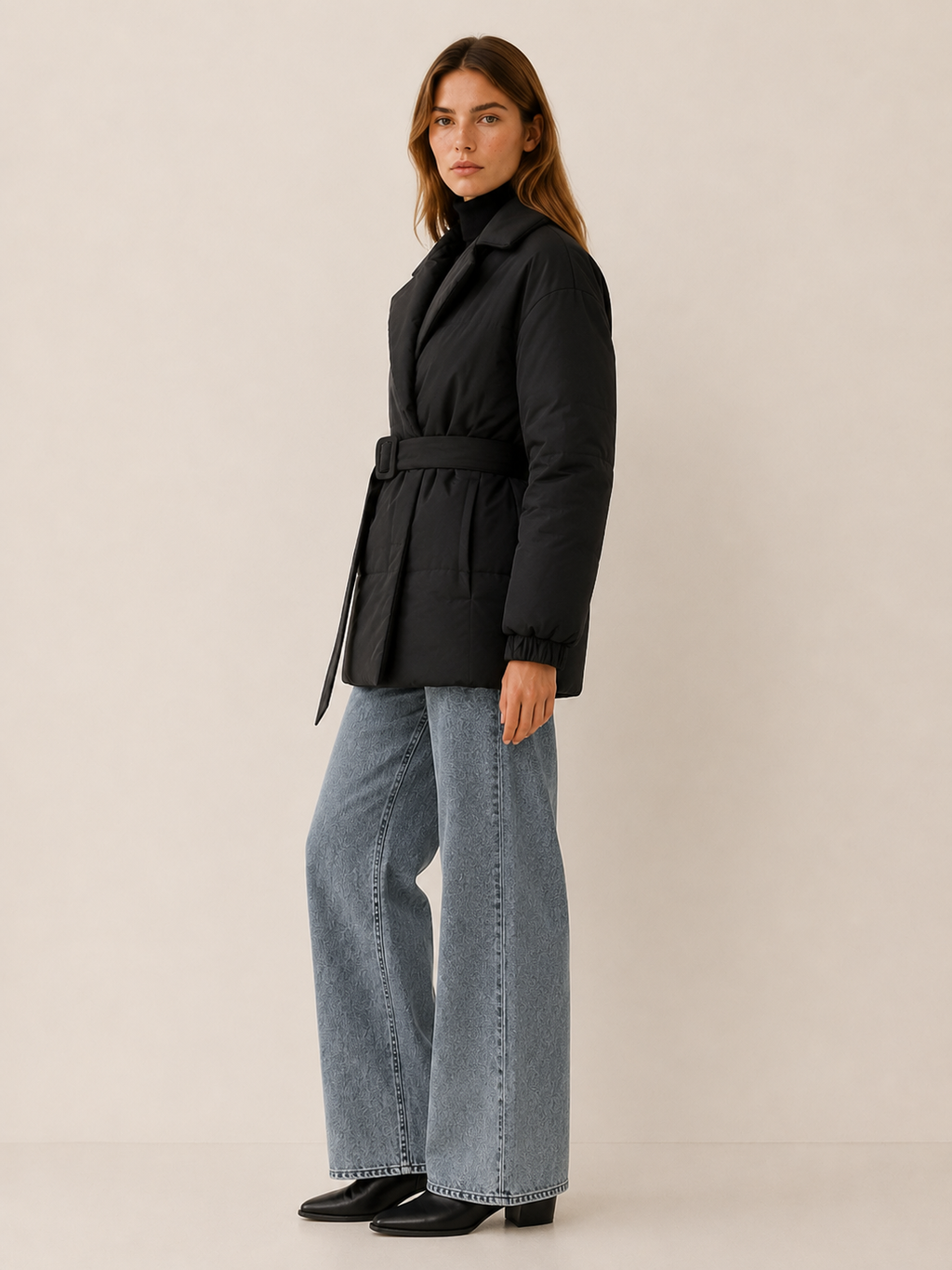 Women's Belted Puffer Coat with Wide Lapels