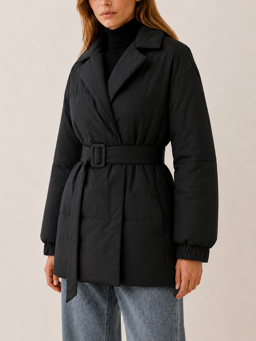 Women's Belted Puffer Coat with Wide Lapels
