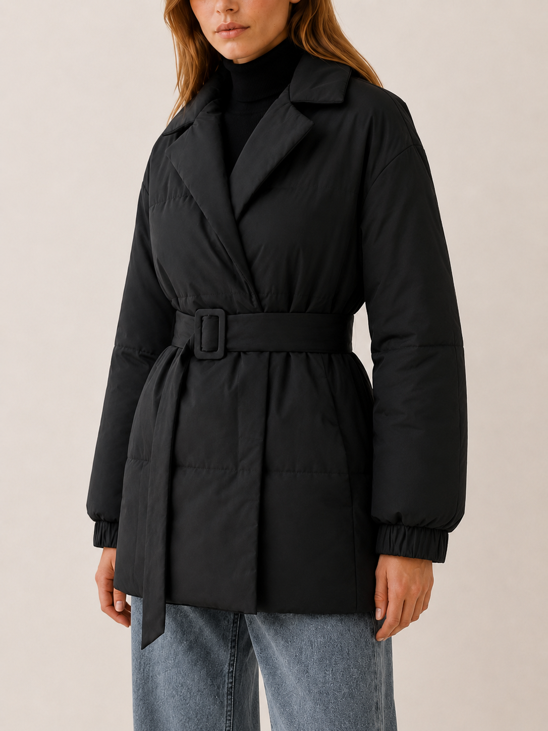 Women's Belted Puffer Coat with Wide Lapels