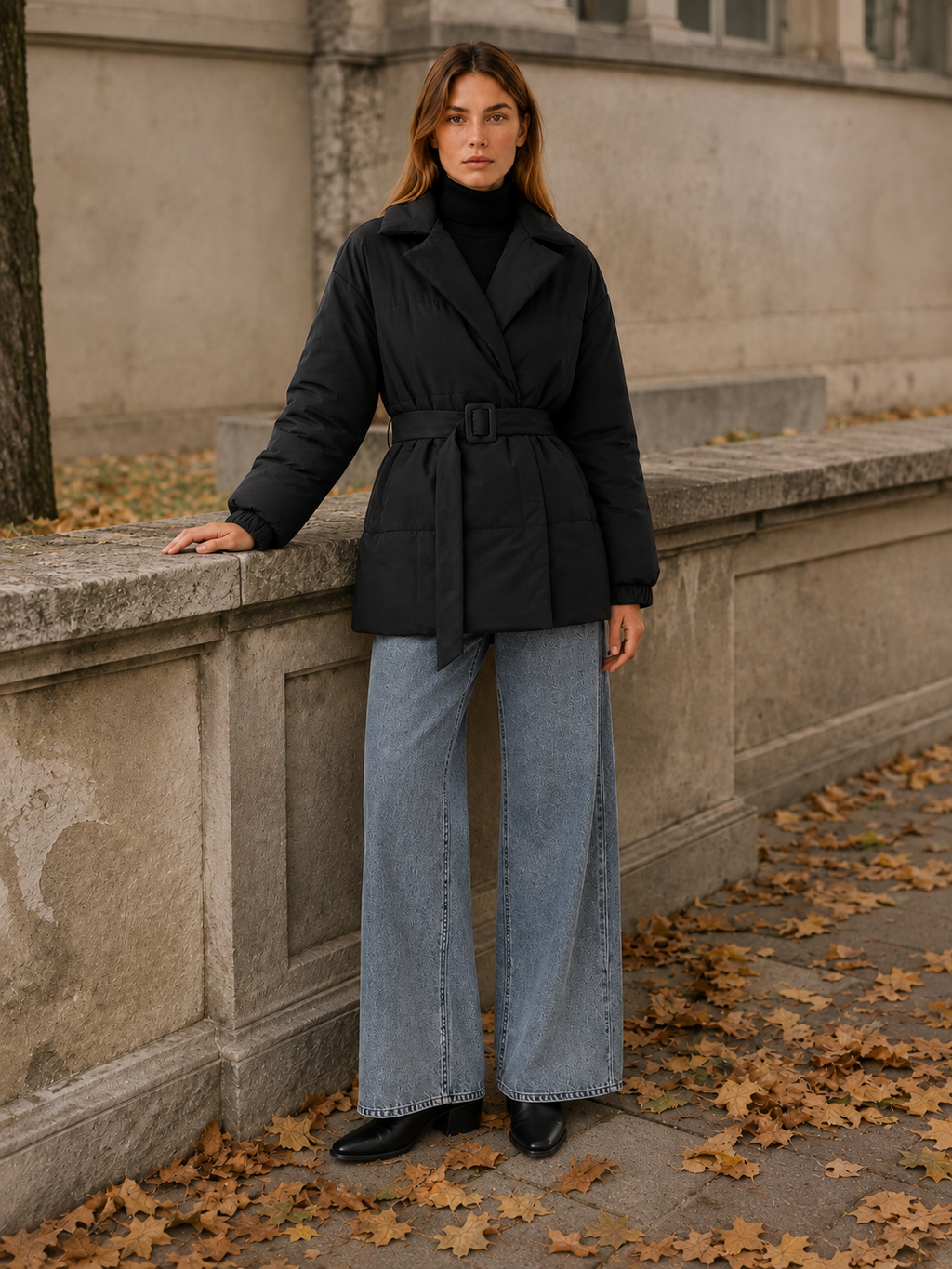 Women's Belted Puffer Coat with Wide Lapels