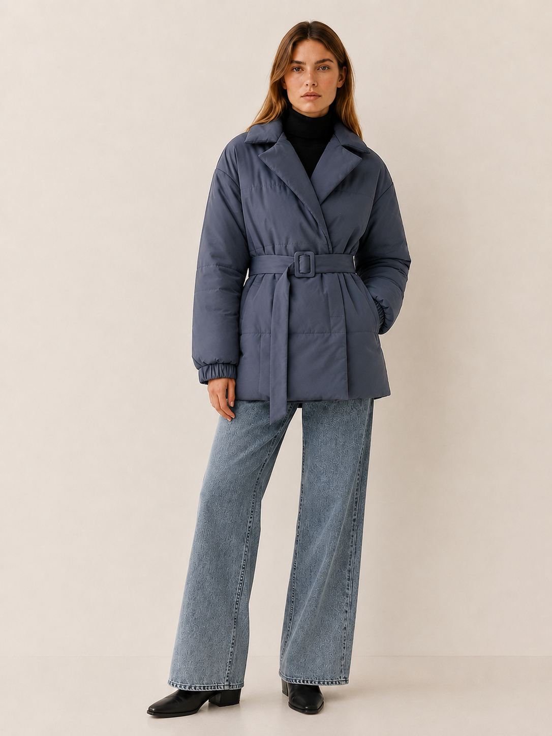 Women's Belted Puffer Coat with Wide Lapels