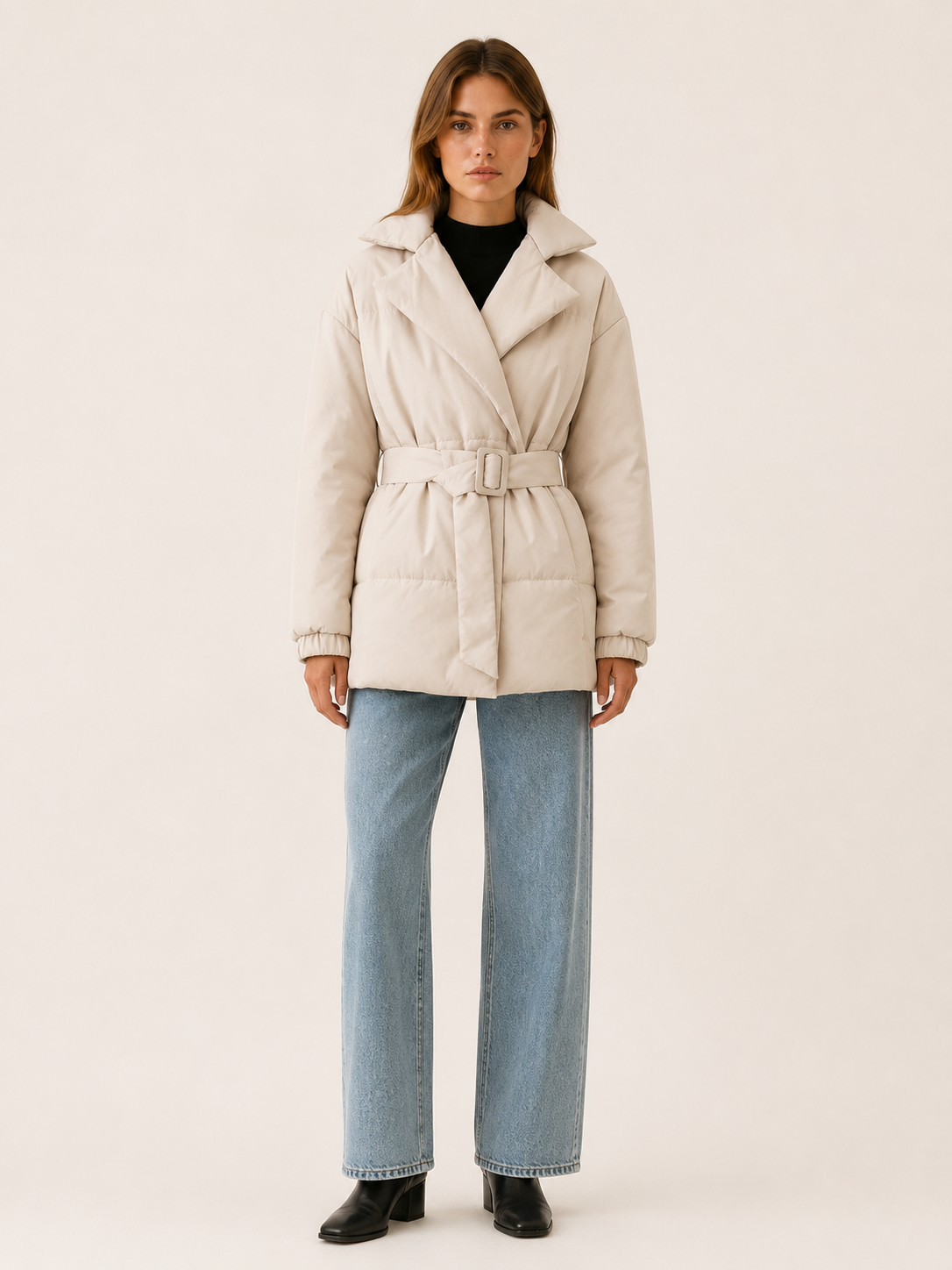 Women's Belted Puffer Coat with Wide Lapels