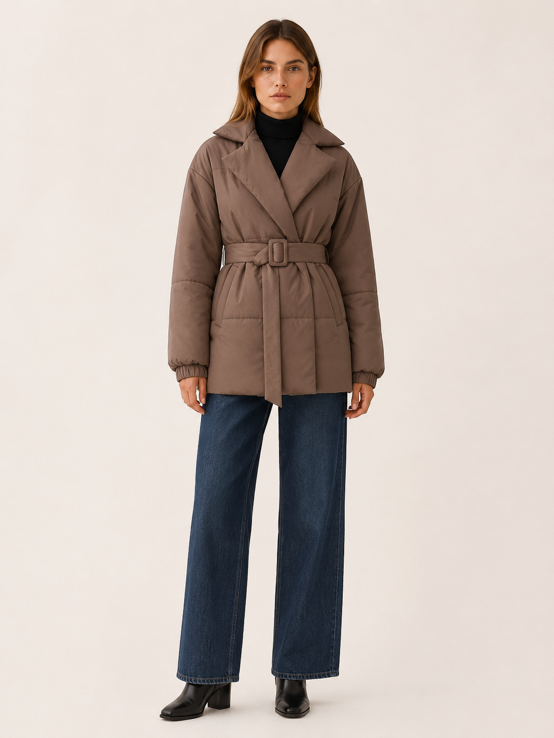 Women's Belted Puffer Coat with Wide Lapels