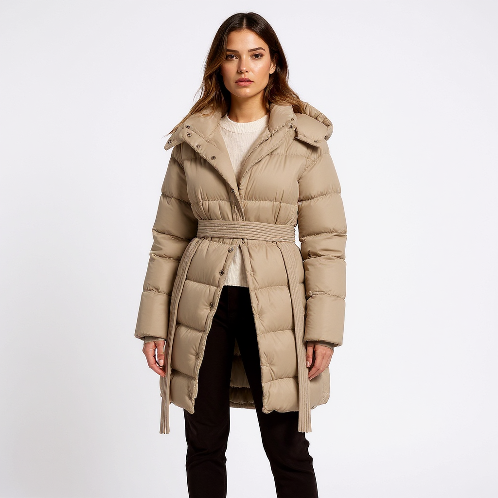 Women's Belted Long Hooded Down Coat