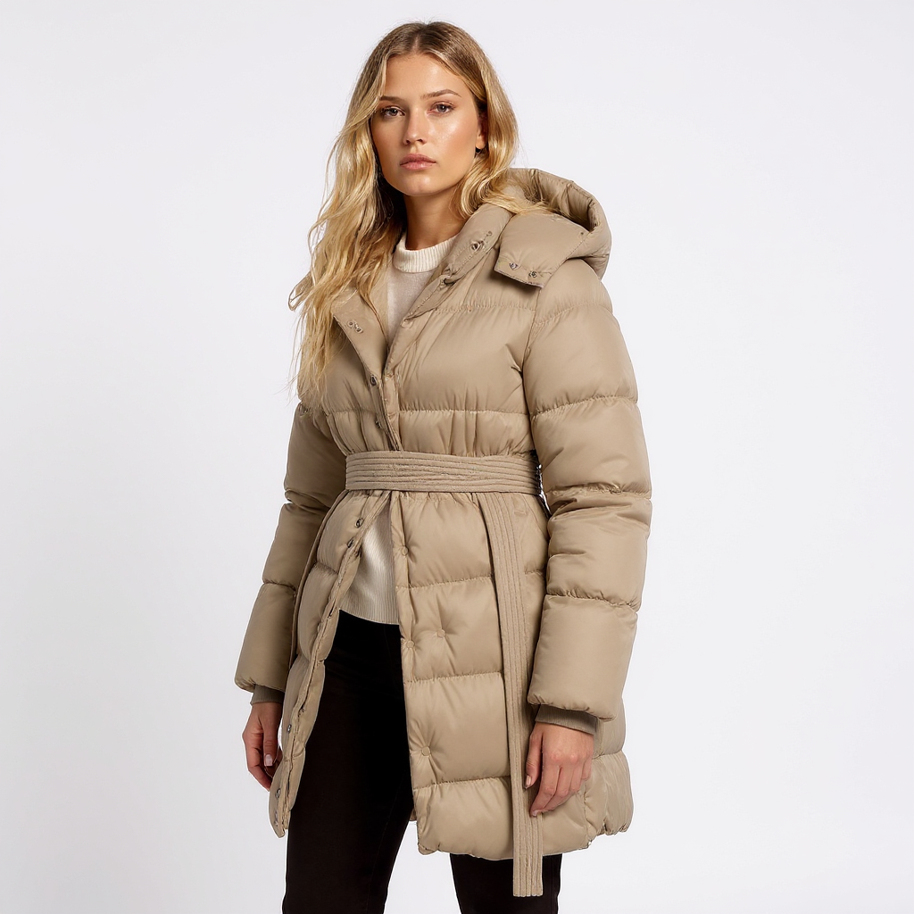 Women's Belted Long Hooded Down Coat