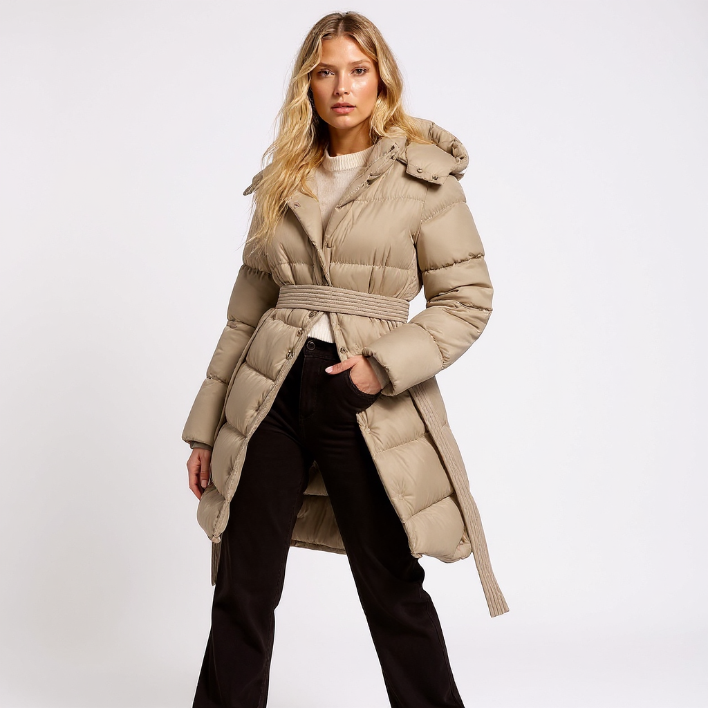 Women's Belted Long Hooded Down Coat