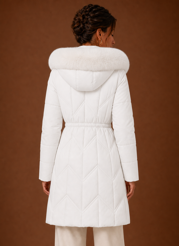 Back view of long puffer coat with hood and full-length coverage