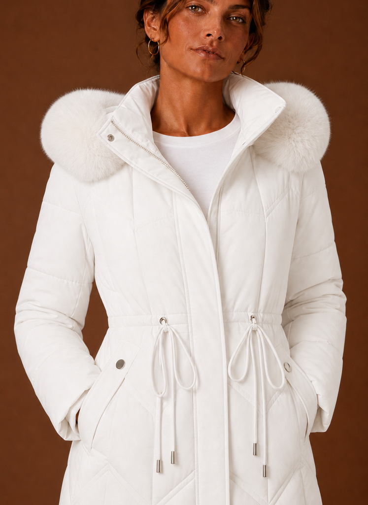 Close-up of the faux fur hood trim and coat stitch detail