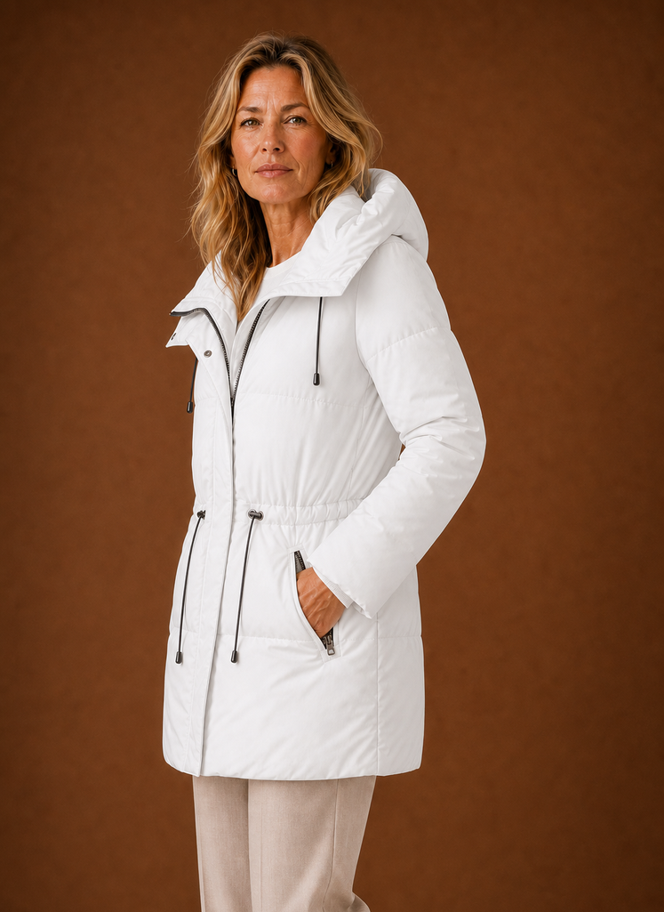 Side profile of Areleon women's quilted winter jacket showing silhouette